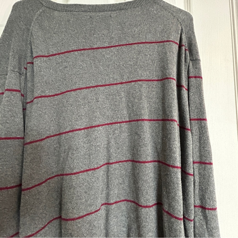 Chaps V-Neck Cashmere Blend Sweater, Size XL, Gray and Burgundy Striped - Picture 7 of 14